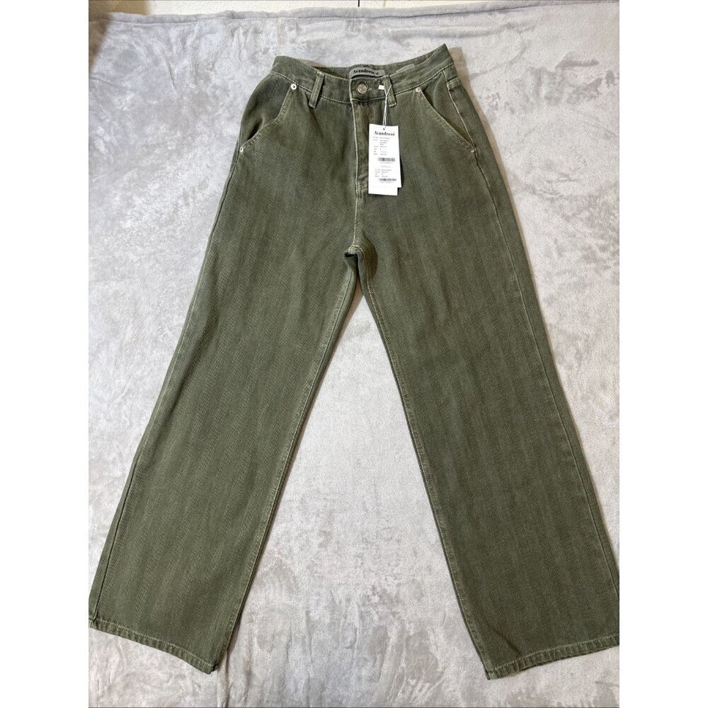 Avandress Herringbone Wide Leg Pants Olive Green Size M Korean Fashion NWT